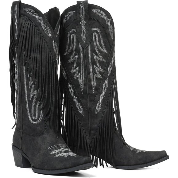 Women's Black Classic Embroidery Pointed Toe Fringe Knee High Cowgirl Boot - Picture 1 of 6